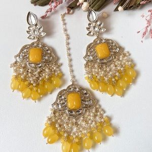 Earrings & teeka set. Perfect for wedding events or parties in a marigold yellow